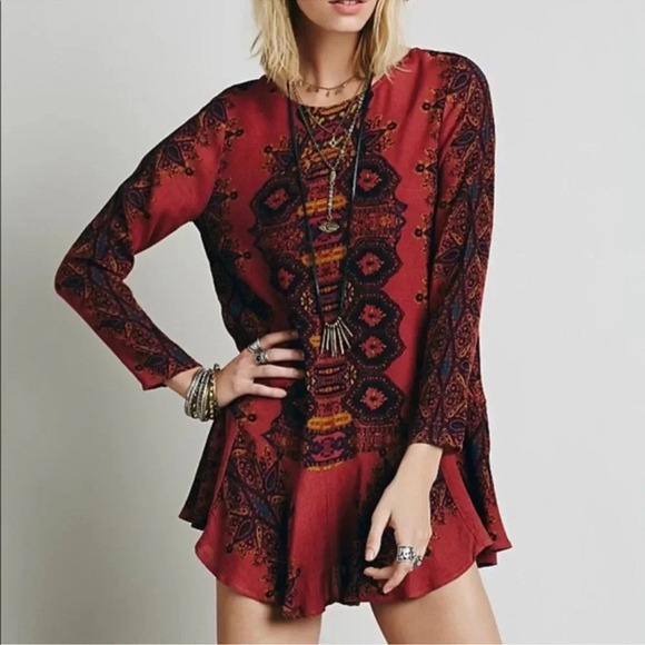 Free People - Open Back Tunic Dress With Pockets - Red - Size Large - Picture 1 of 9